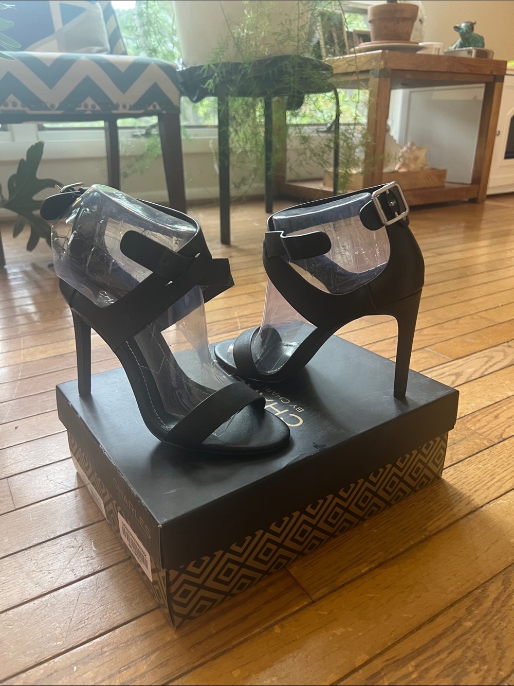 Charles David Black Strappy Ankle-Buckle Stiletto Sandals